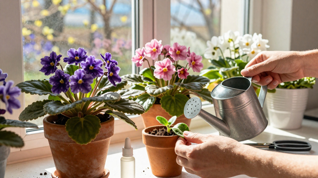 Mãos regando violeta roxa em vaso de barro na janela com outras violetas coloridas ao fundo.