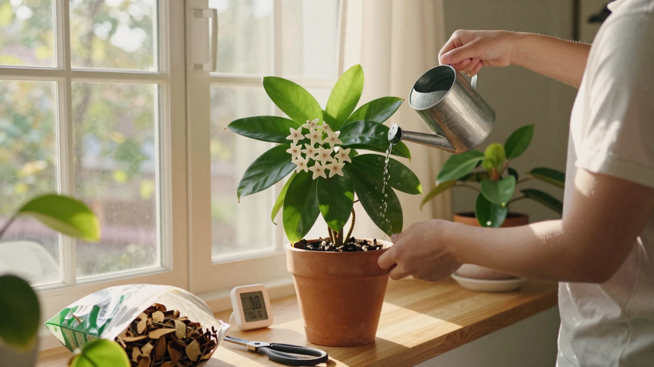 Pessoa regando planta com flores rosas em vaso de barro junto a janela ensolarada e termômetro.