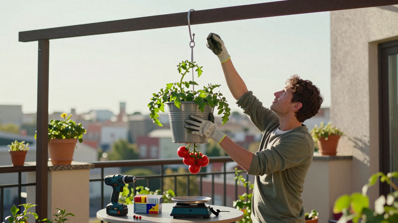 Jovem pendura vaso com planta de tomate cereja em varanda ensolarada durante o dia.