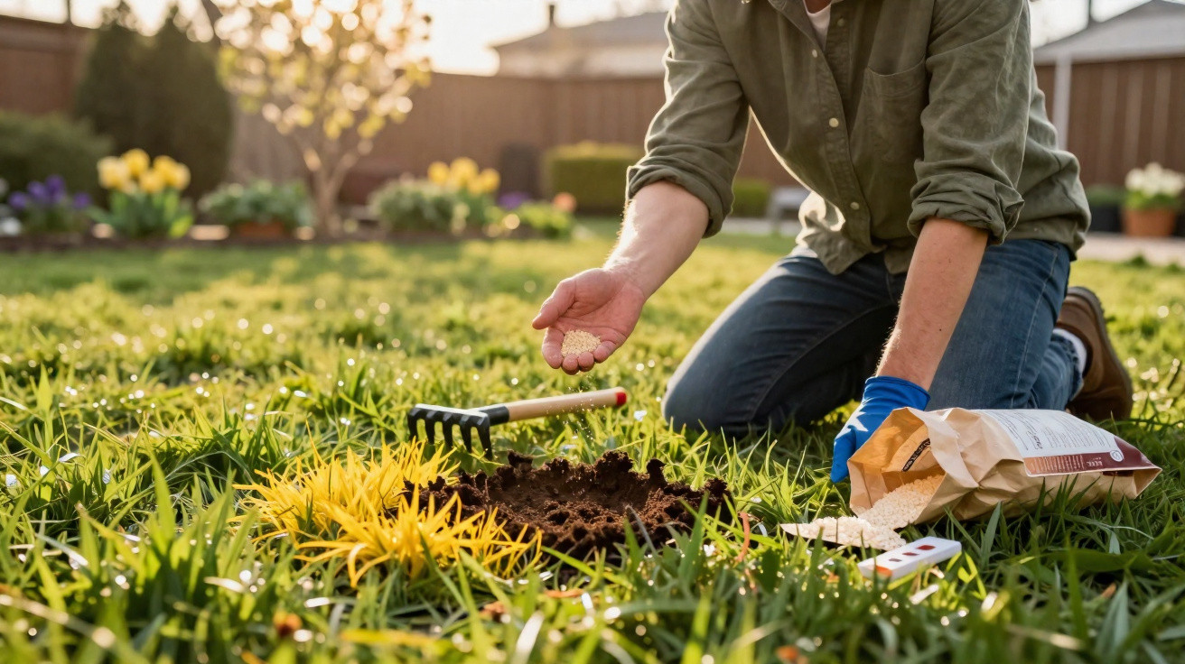 Pessoa plantando sementes em jardim com gramado verde e flores amarelas ao fundo.