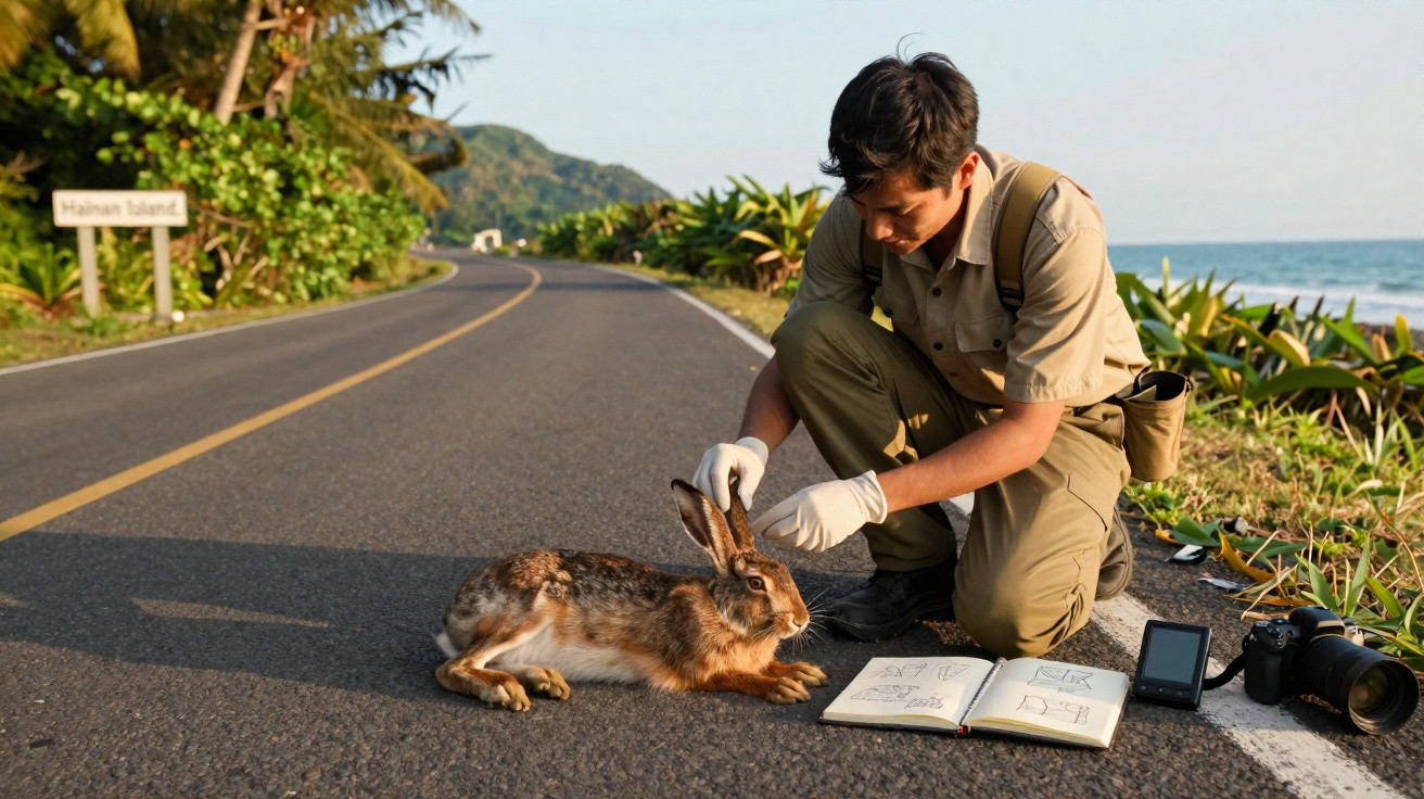 Homem agachado acaricia coelho na estrada perto do mar com caderno, câmera e aparelho eletrônico ao lado.