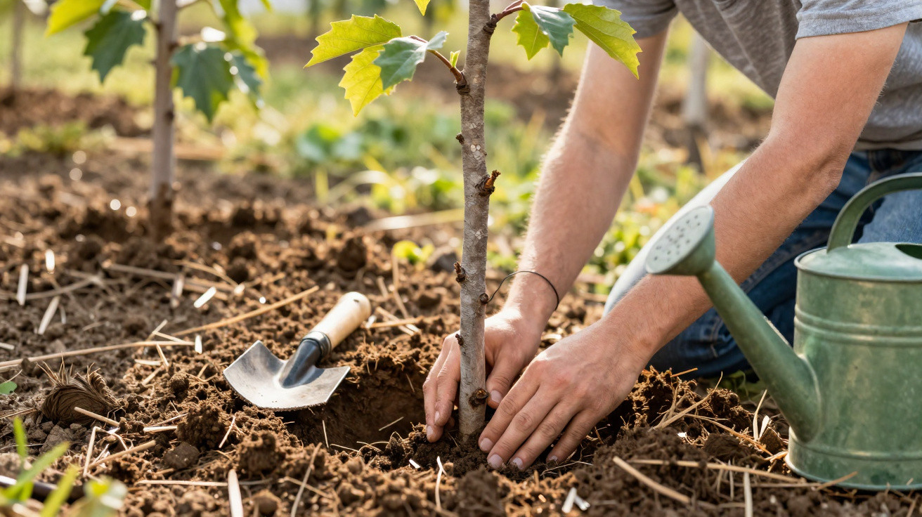 Pessoa plantando uma muda de árvore em solo fértil com regador e pá ao lado.
