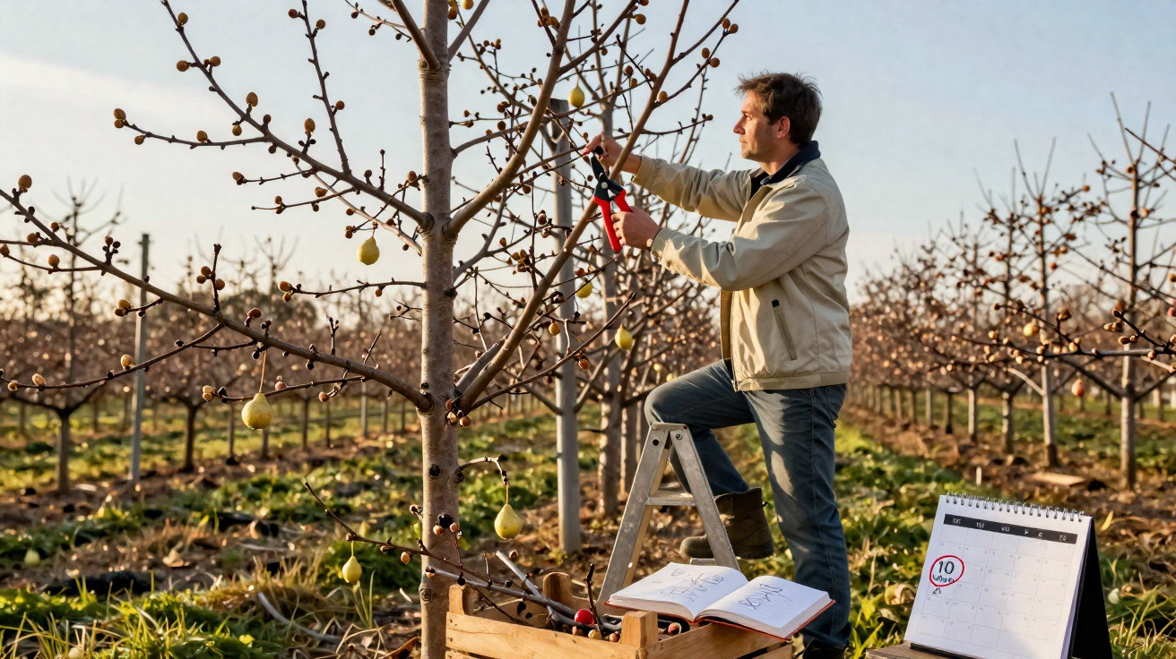 Homem podando árvore de frutas em pomar no dia 10 de março, com calendário ao lado.