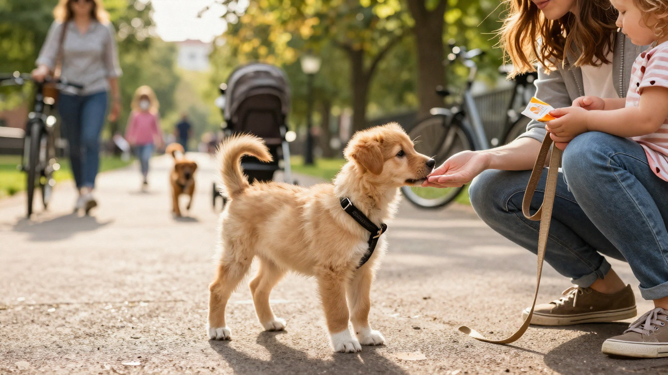 Cachorro filhote usando coleira recebe petisco de mulher agachada em rua de parque ensolarado.
