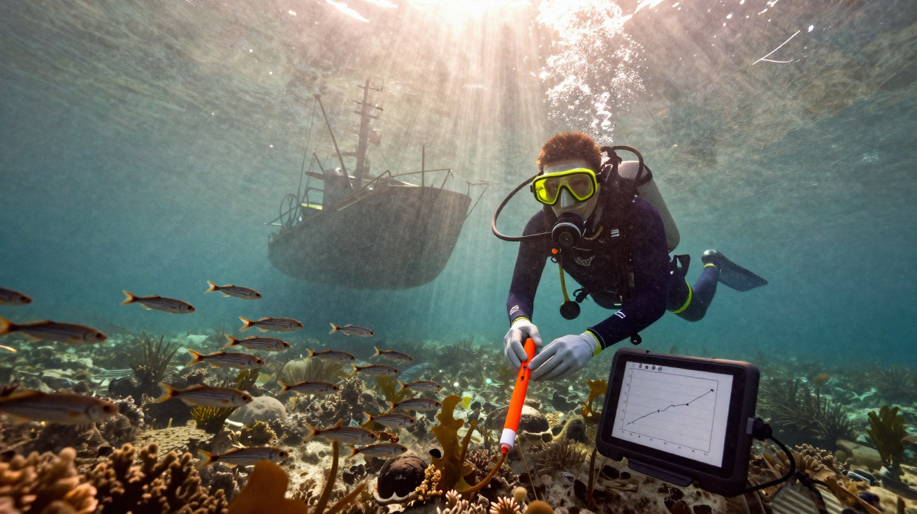 Mergulhador com equipamento de mergulho segura tablet submarino perto de cardume e barco ancorado acima.