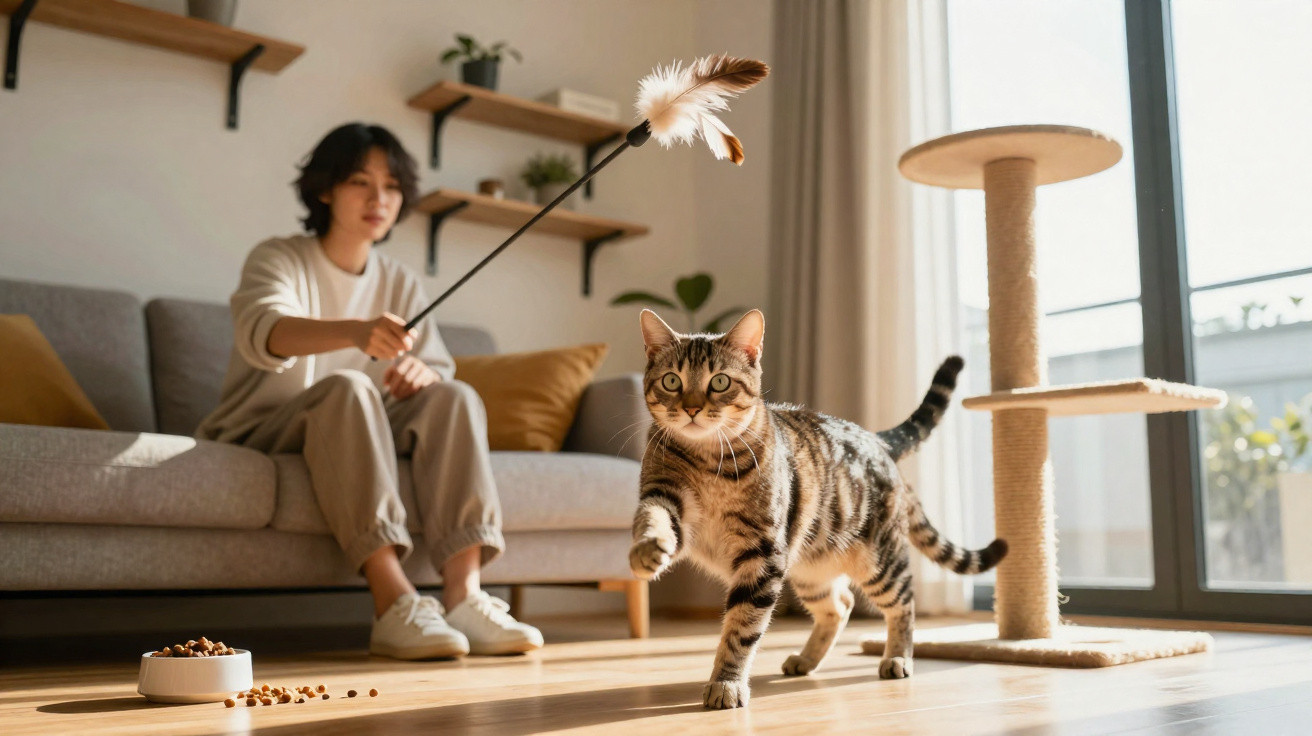 Pessoa brincando com gato em sala iluminada com sofá cinza e arranhador.