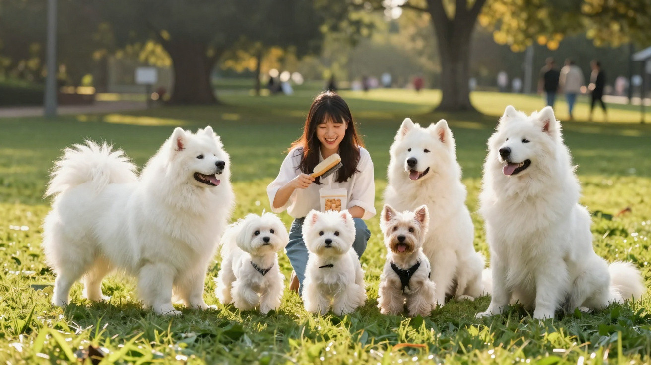 Mulher sorridente com seis cães brancos de diferentes raças sentados e em pé em gramado ao ar livre.