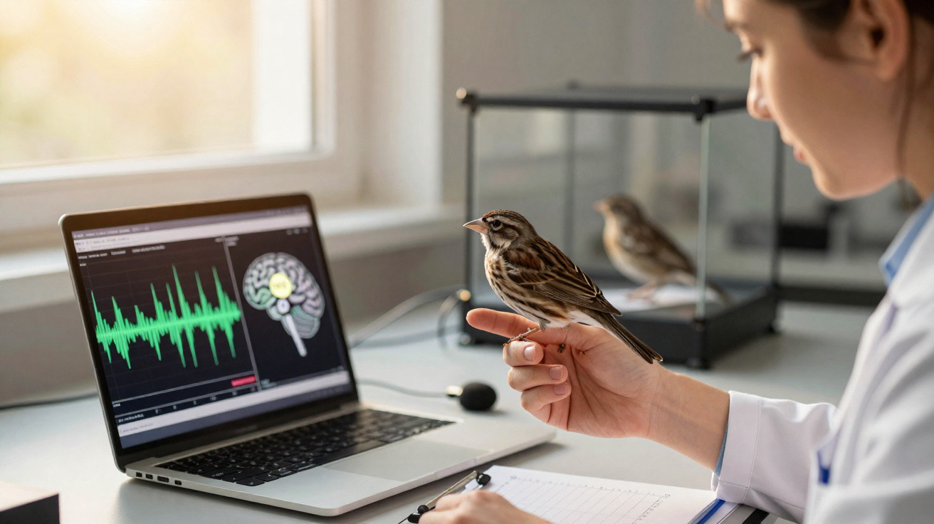 Pesquisadora segura pássaro para análise de sinais cerebrais exibidos em laptop em laboratório.
