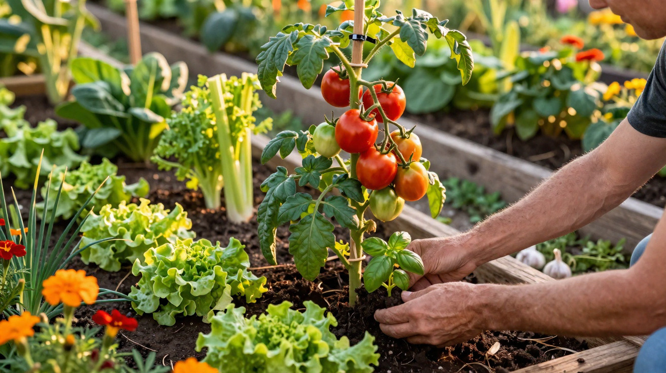 Mãos plantando manjericão próximo a tomateiras com frutos vermelhos e verdes em horta orgânica.