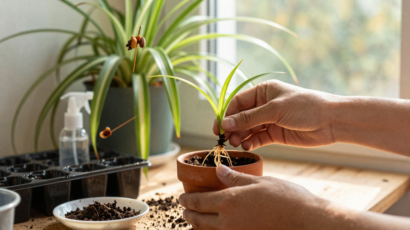 Mãos transplantando muda de planta em vaso pequeno com outras plantas, terra e borrifador sobre mesa de madeira.