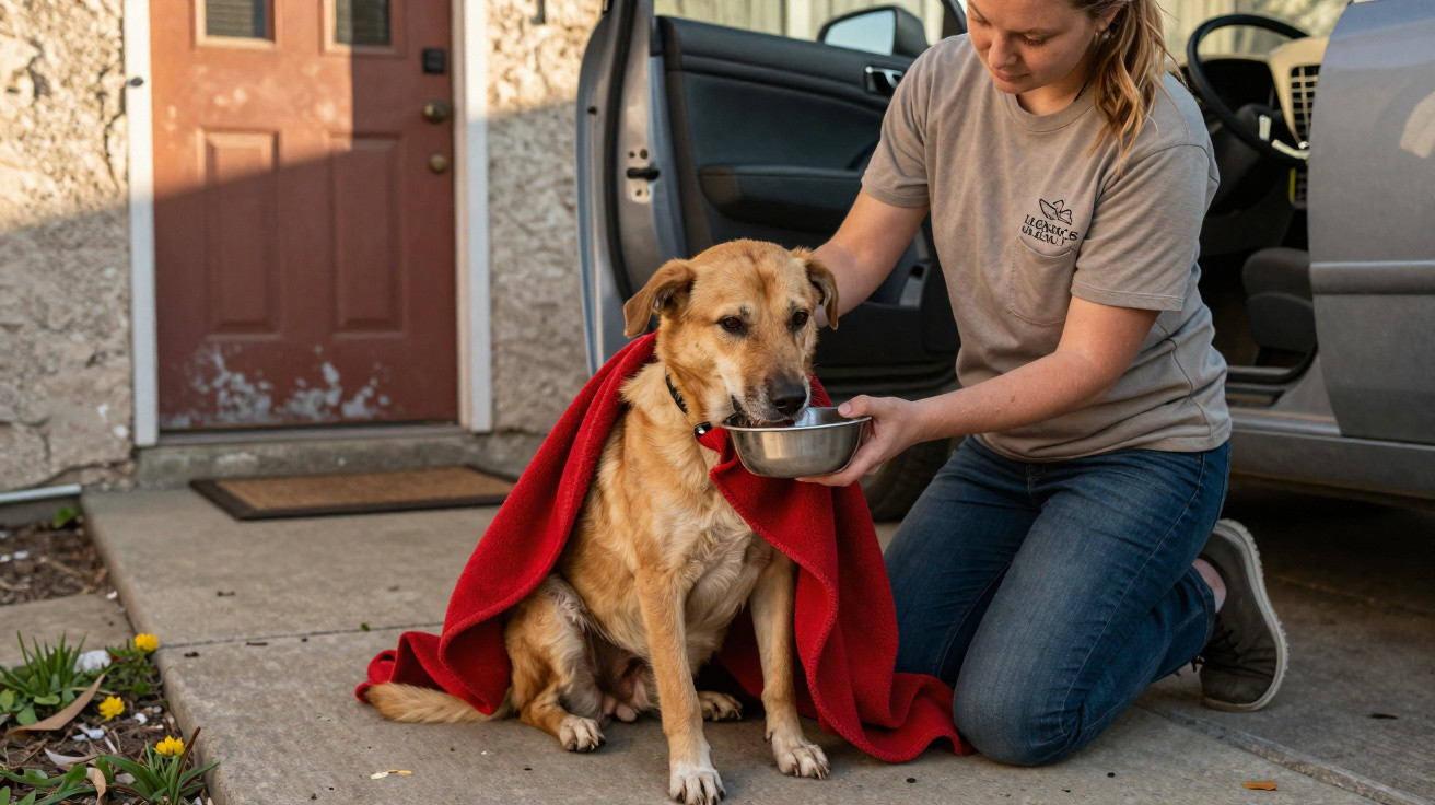Pessoa alimentando cão com cobertor vermelho em área externa próximo a carro aberto.