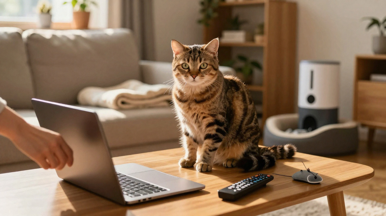 Gato sentado em mesa de madeira com laptop aberto, controle remoto e dispositivo branco, em sala iluminada.