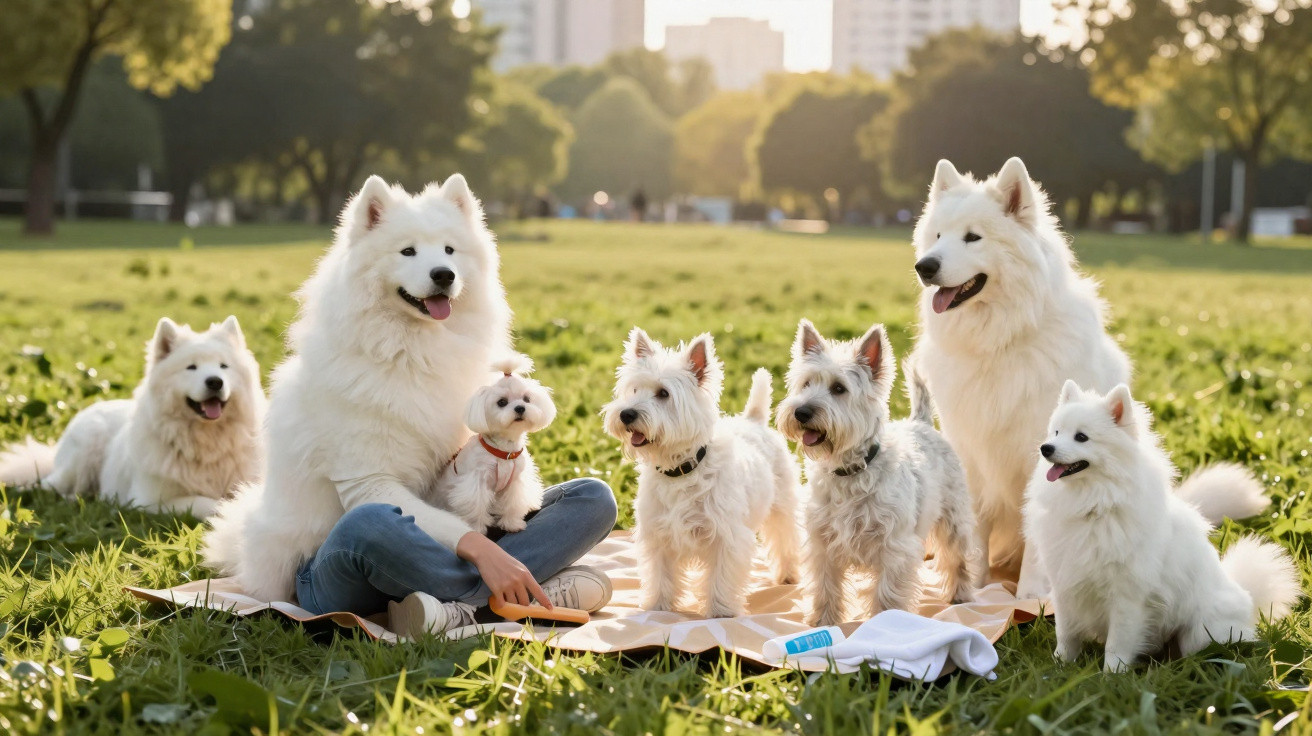 Pessoa sentada em parque cercada por seis cachorros brancos de raças diferentes em dia ensolarado.
