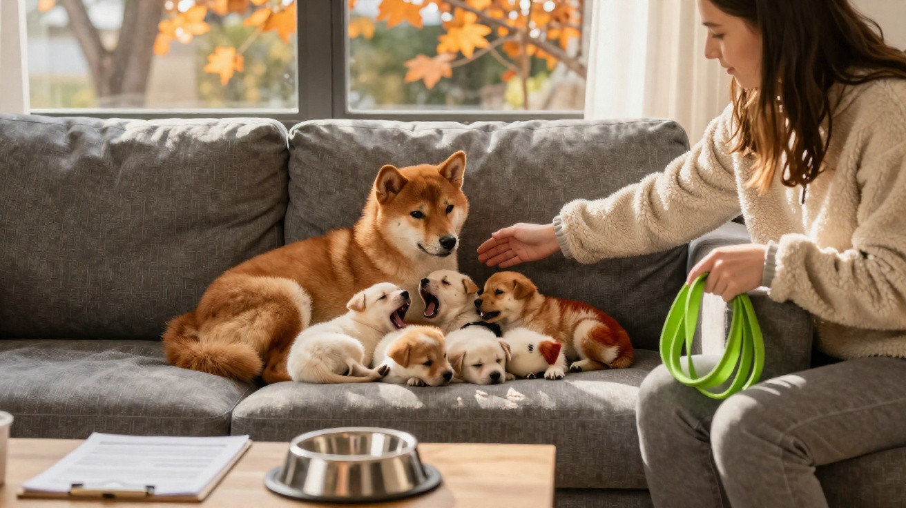 Cachorro adulto com quatro filhotes sentados no sofá enquanto pessoa oferece a mão para eles.