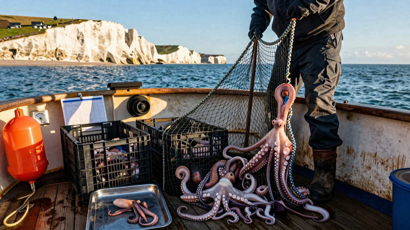 Pescador a bordo segurando rede com polvos recém-pescados em barco com costa rochosa ao fundo.
