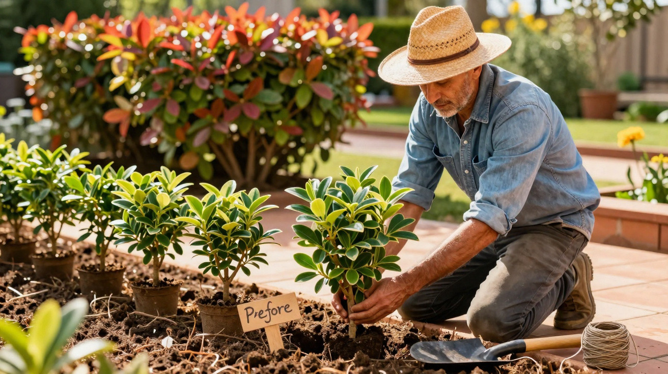 Homem com chapéu plantando arbusto em jardim com sinal escrito "Before Lap".