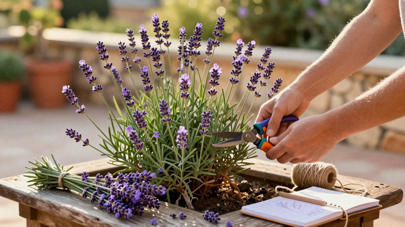 Pessoa podando flores de lavanda em vaso, com caderno de desenhos e novelo de barbante na mesa de madeira.