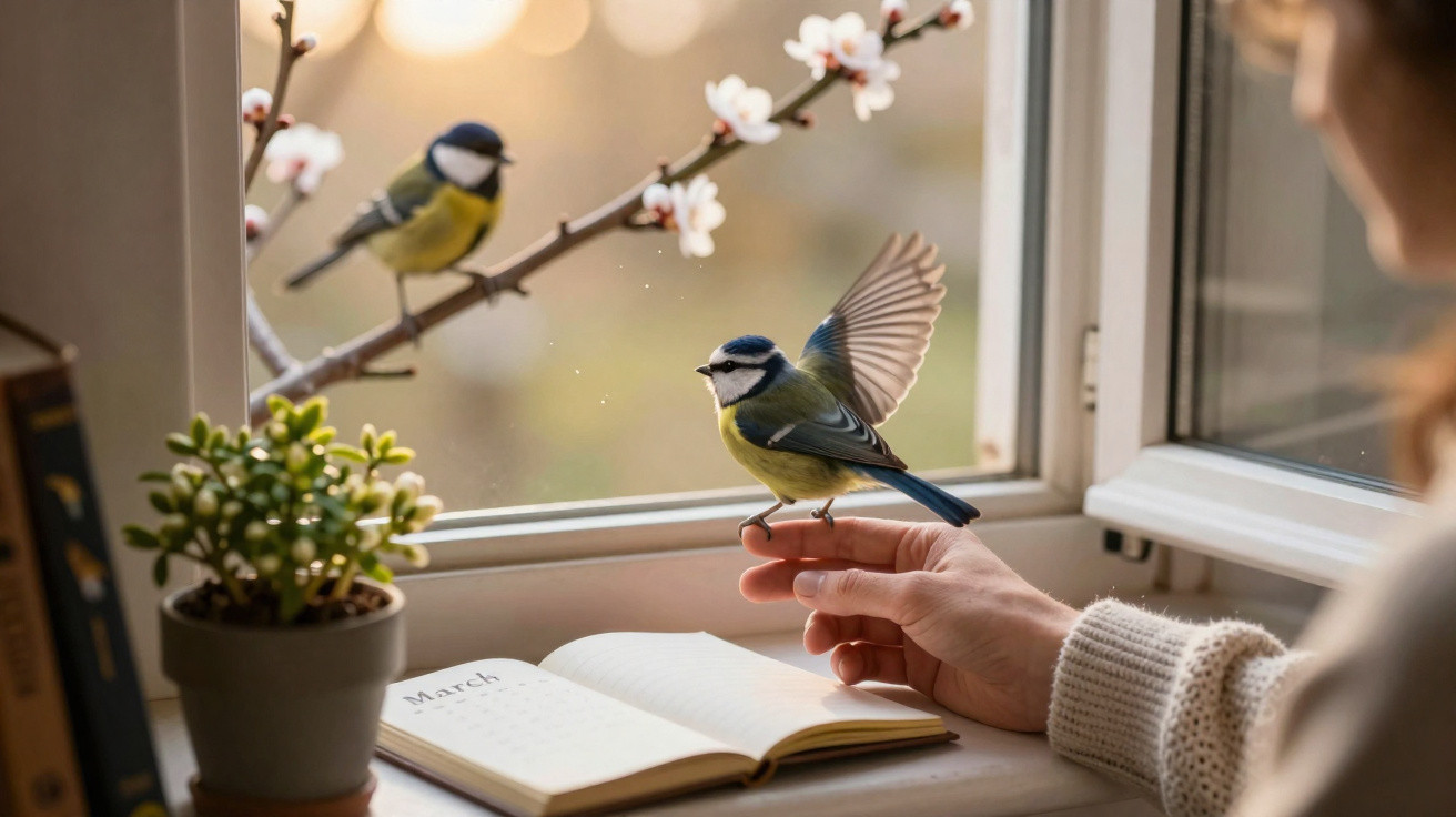 Pessoa interage com pássaro que pousa na mão em janela com planta, livro e outro pássaro ao fundo.