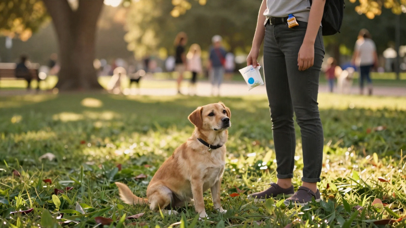 Cachorro sentado na grama olhando para pessoa que está em pé segurando sacola plástica no parque.