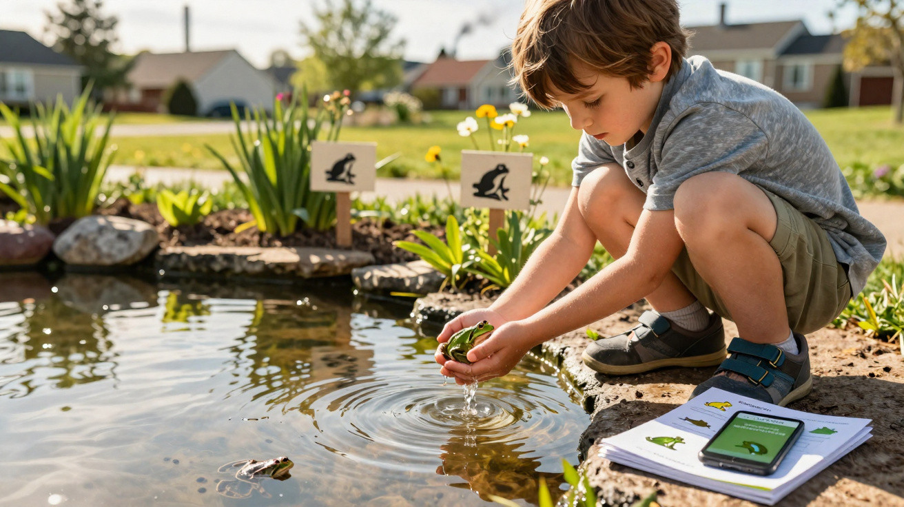 Menino segurando um sapo próximo a um lago em um jardim, com livros e celular ao lado.