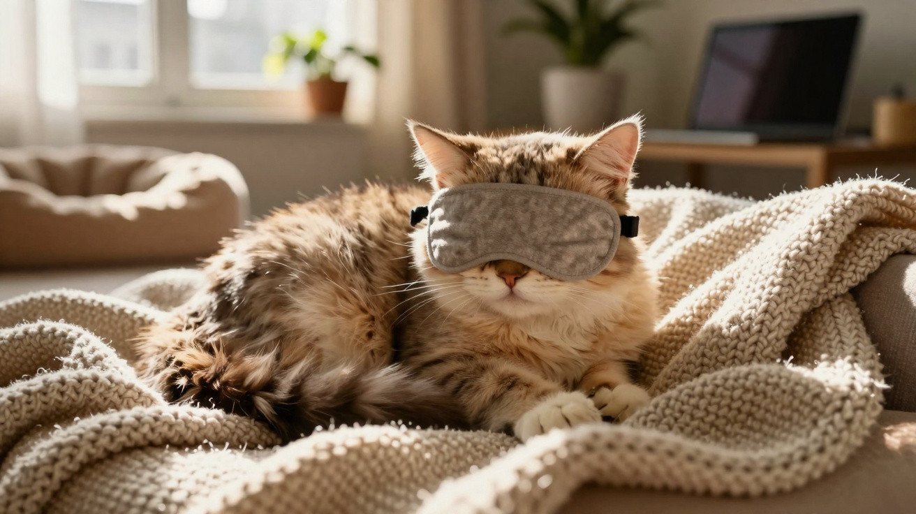 Gato peludo deitado em sofá com máscara de dormir cinza em ambiente iluminado e aconchegante.