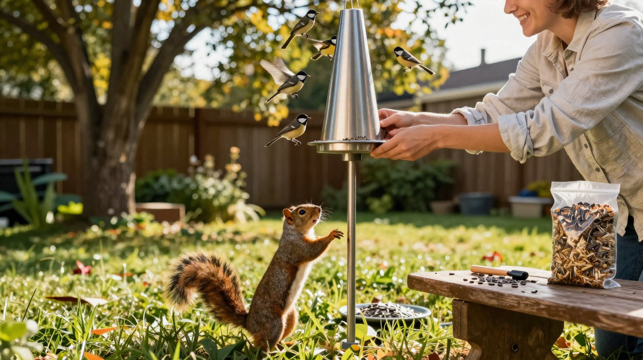 Esquilo se aproxima de comedouro metálico no jardim enquanto três pássaros se alimentam e pessoa observa.