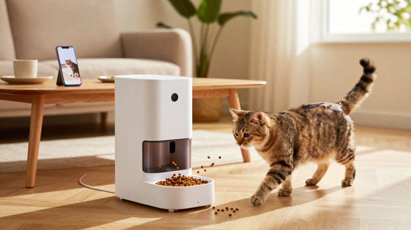 Gato comendo ração de alimentador automático branco em sala com sofá e planta ao fundo.