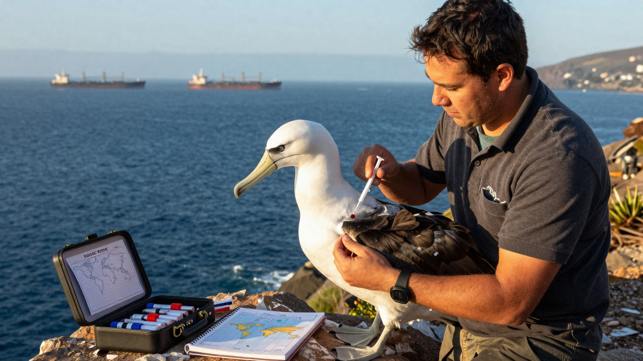 Homem alimenta albatroz com seringa ao lado do mar em área rochosa durante o dia.