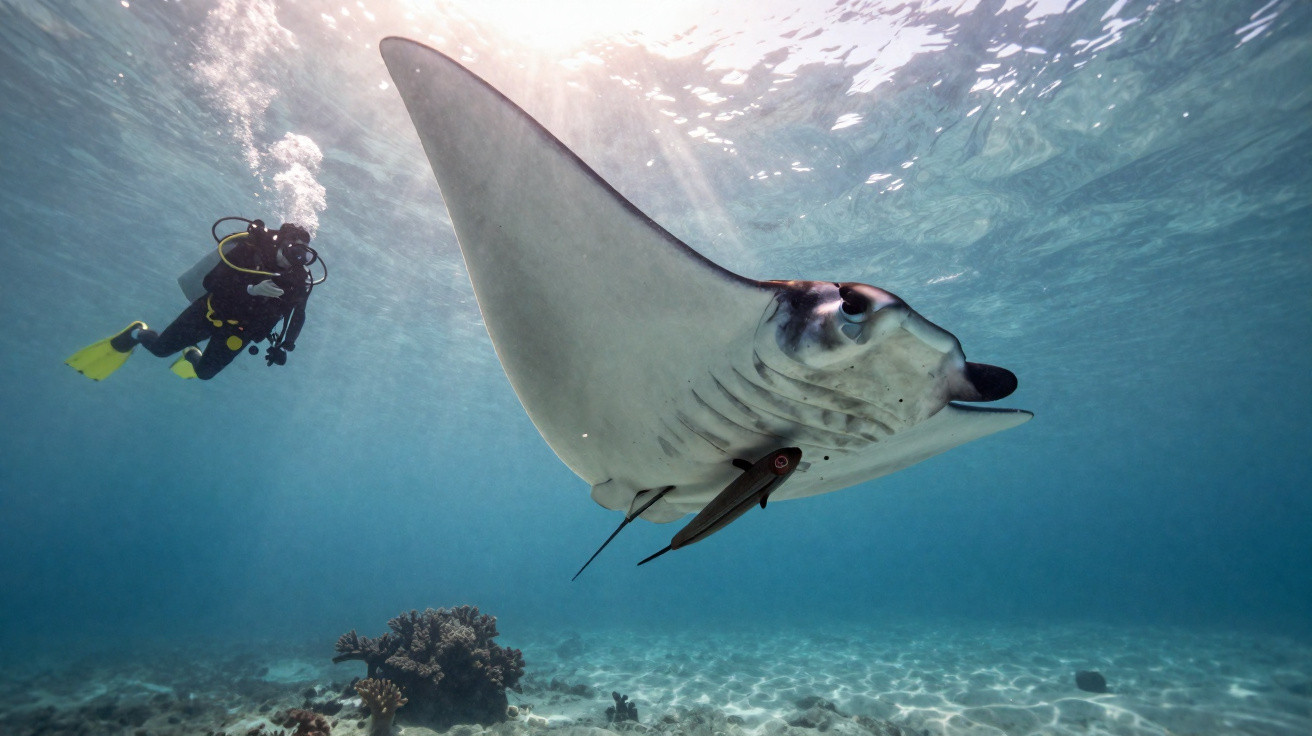 Mergulhador observa uma arraia gigante nadando em águas claras e rasas.