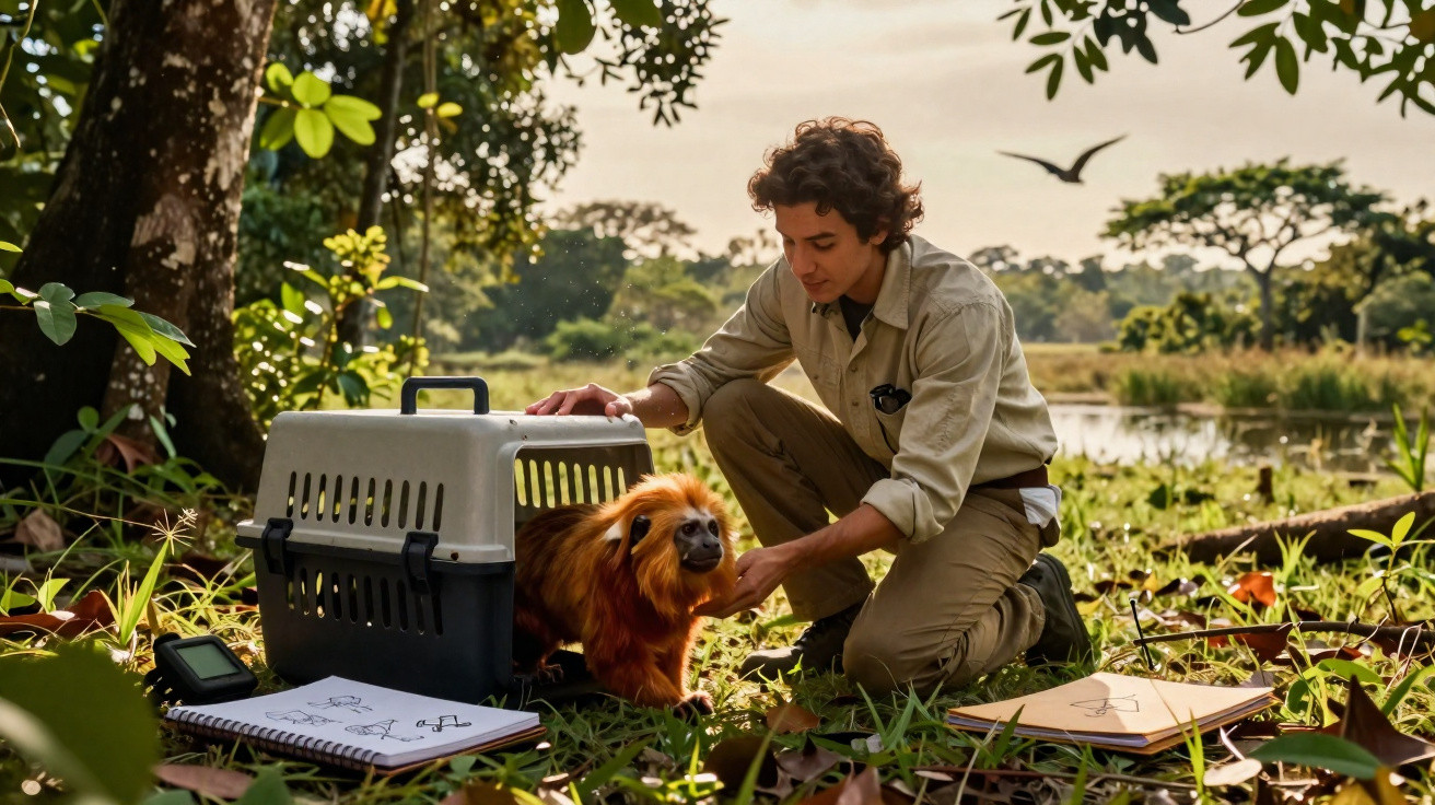 Jovem libera macaco dourado em cativeiro na natureza perto de lago ao pôr do sol.