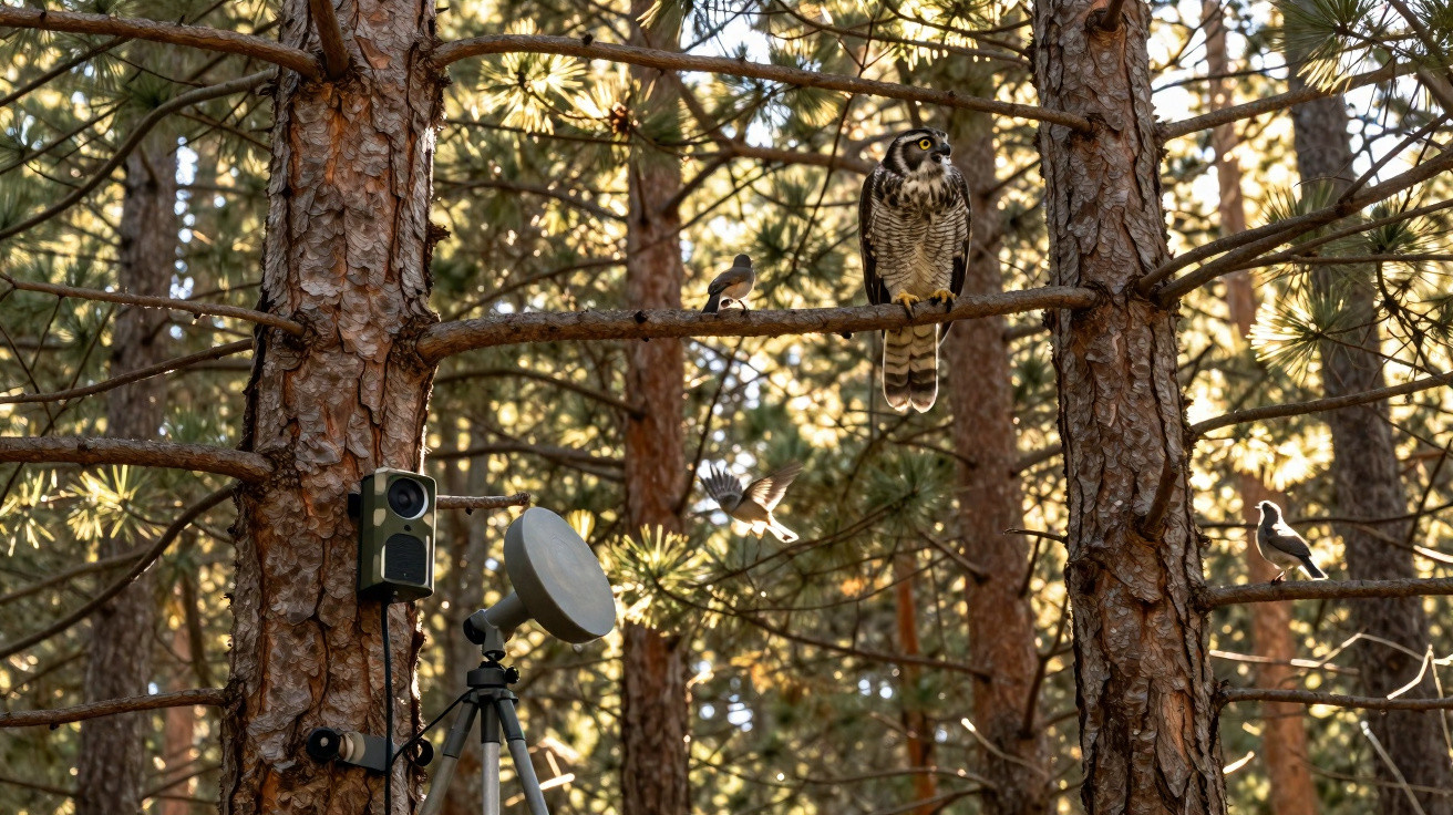 Coruja empoleirada em árvore de floresta com duas aves voando ao redor e câmera e antena instaladas na árvore.