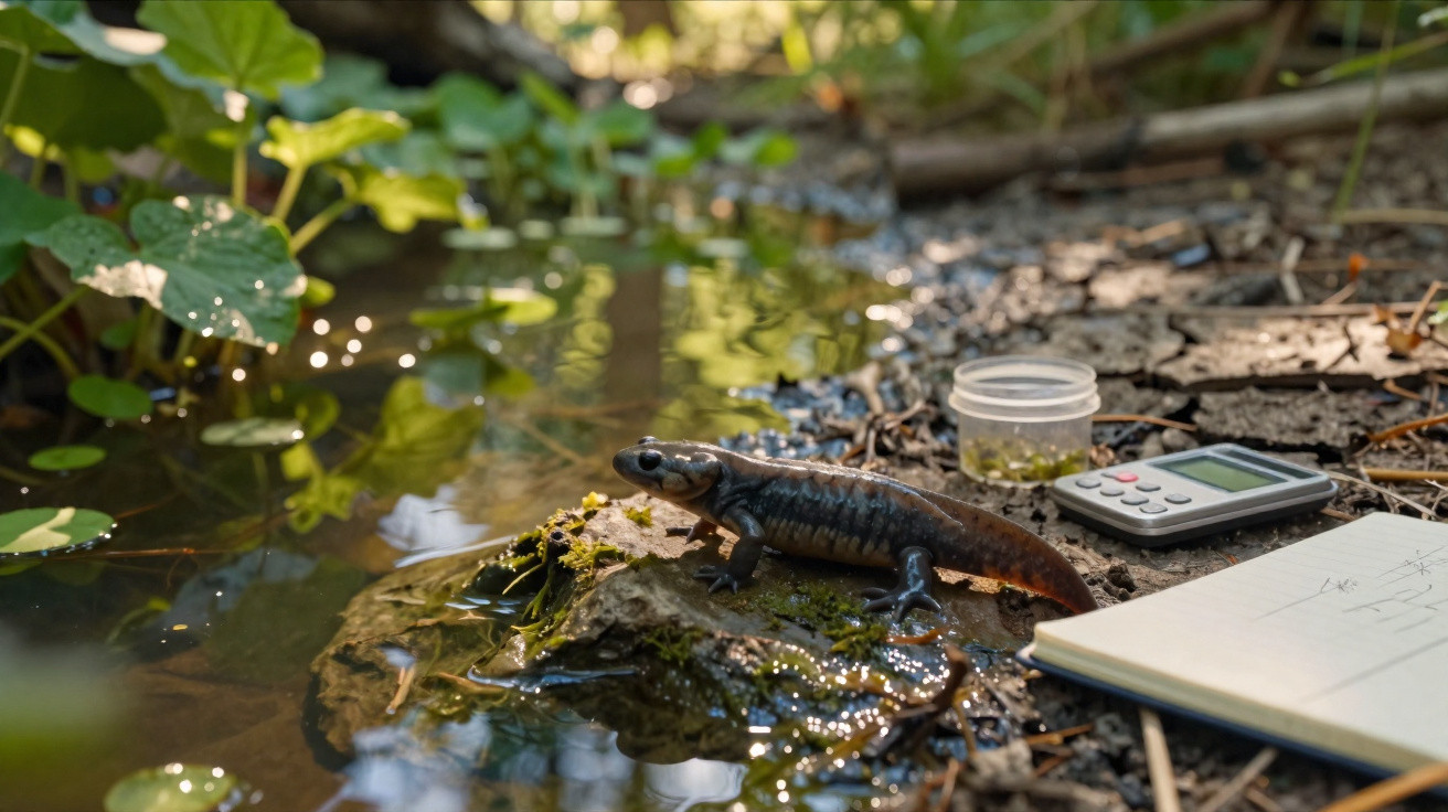Salamandra em tronco com musgo próximo a anotações, recipiente e plantas ao redor de um ambiente úmido.