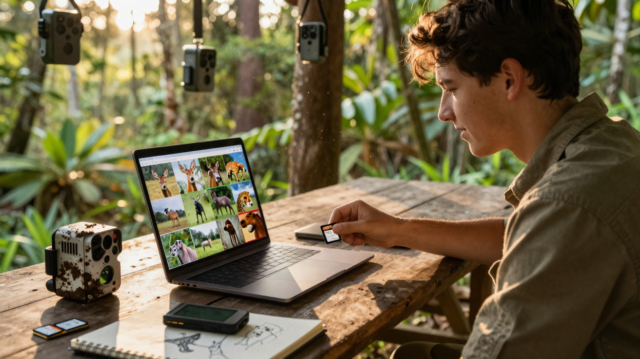Jovem analisando fotos de animais silvestres em laptop ao ar livre com câmera e cartão de memória na mão.