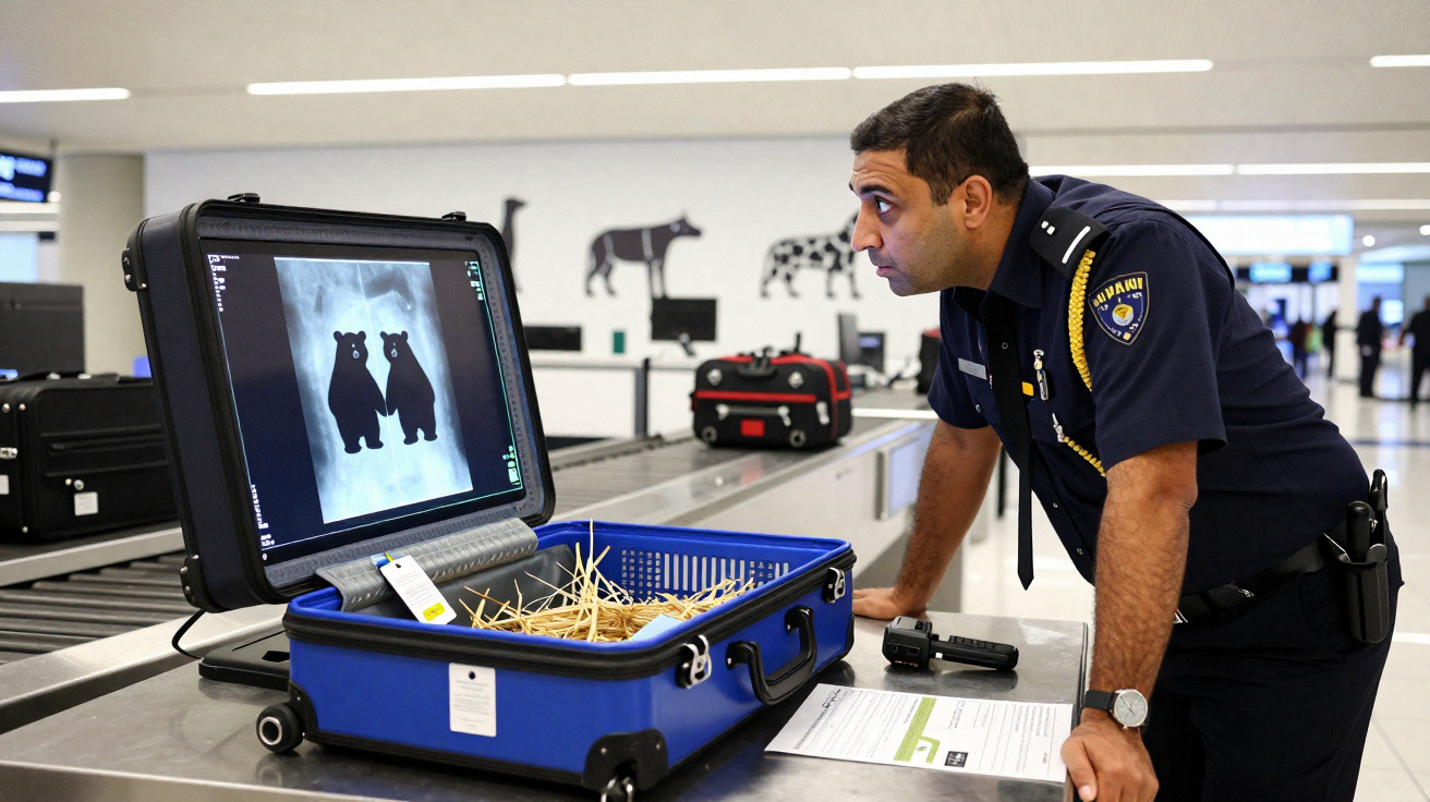 Agente de segurança inspecionando bagagem no raio-x no aeroporto, com imagem de ursinhos na tela.