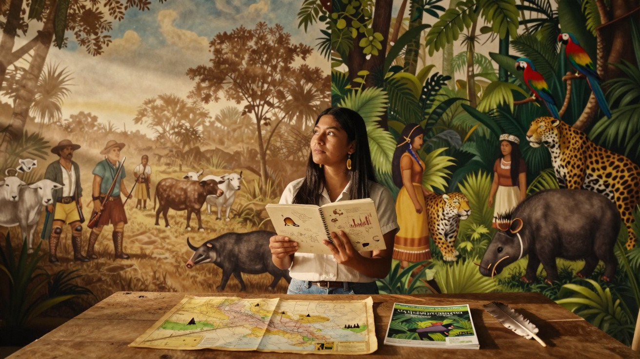 Jovem com caderno e mapa em mesa, ao fundo painéis coloridos com cenas de animais e indígenas na floresta.