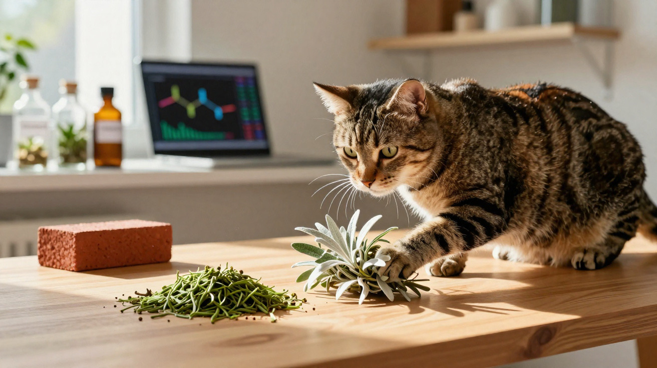 Gato tigrado investigando plantas sobre mesa de madeira em ambiente iluminado com laptop ao fundo.