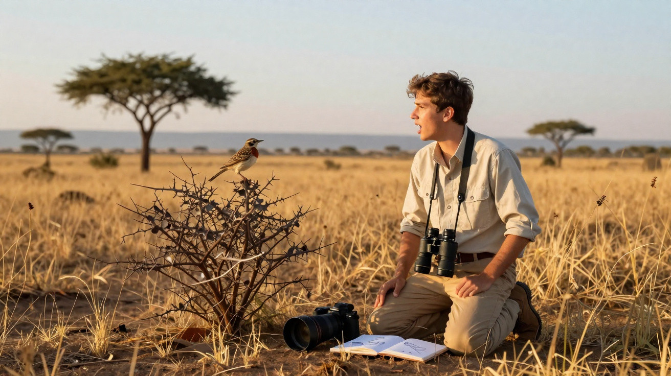 Jovem observador de pássaros ajoelhado na savana, fotografando pássaro sobre arbusto espinhoso.