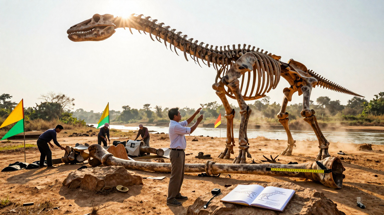 Pessoa medindo esqueleto de dinossauro em escavação arqueológica ao ar livre.