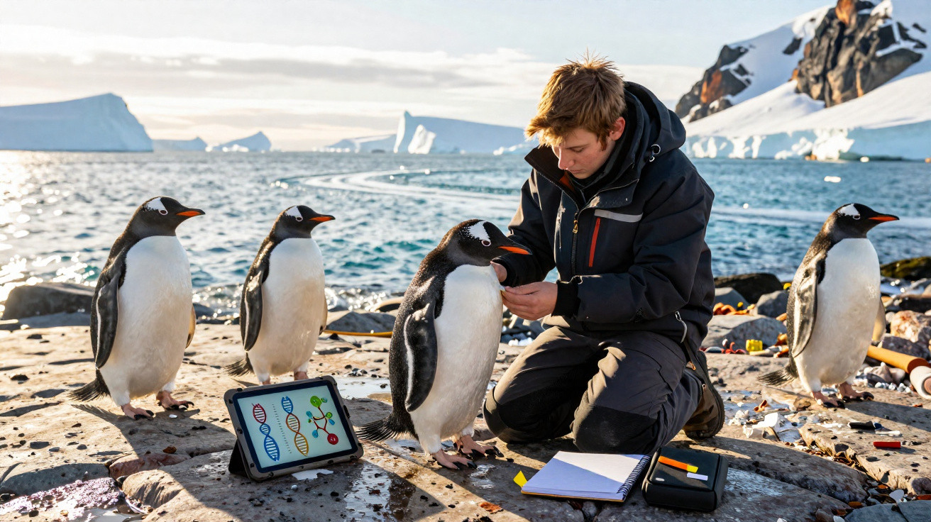 Pesquisador coleta dados de quatro pinguins imperadores em ambiente gelado com bloco de gelo ao fundo.