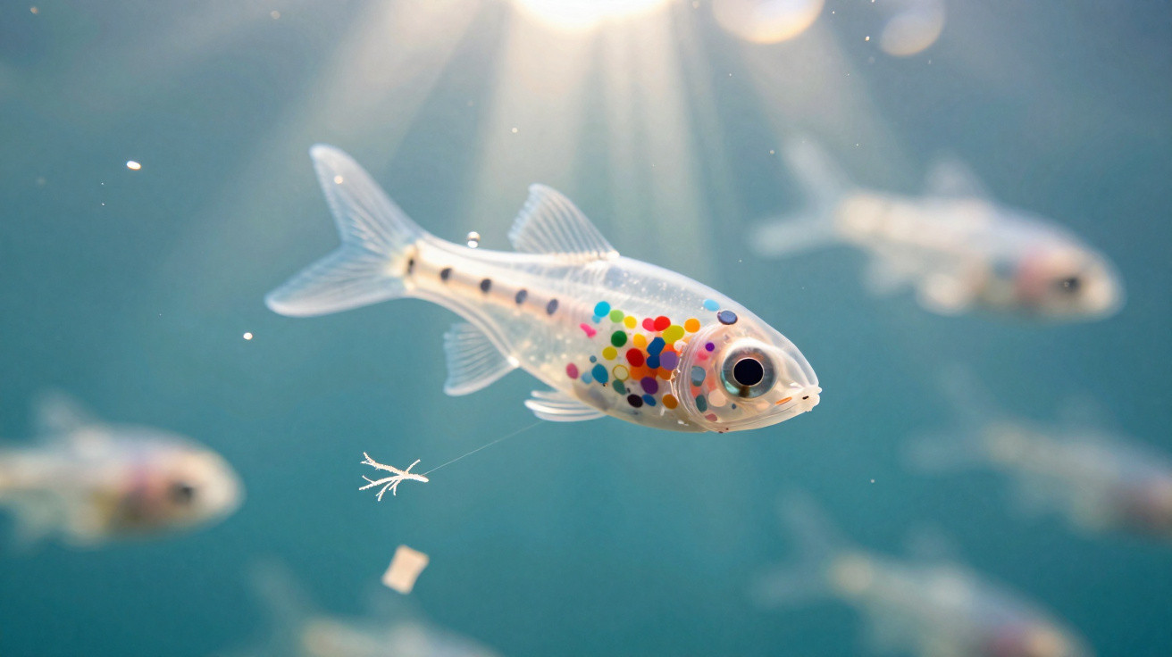 Peixe transparente nadando com bolinhas coloridas visíveis em seu corpo em água azul clara.