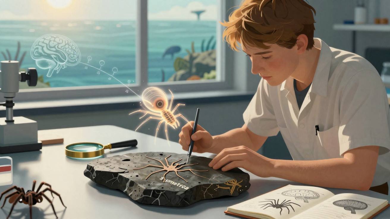 Jovem cientista analisa fóssil de aranha com projeção holográfica em laboratório à beira-mar.