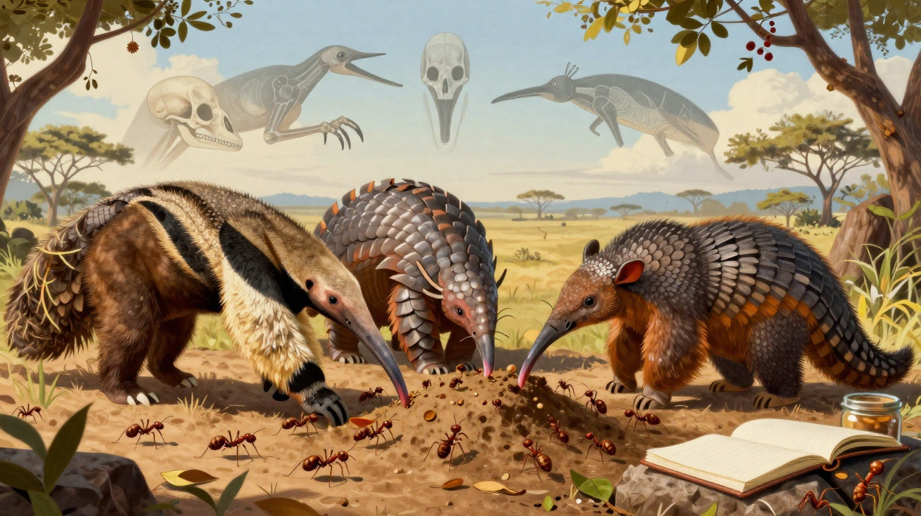 Quatro animais diferentes explorando um formigueiro em paisagem africana com estudo esquelético ao fundo.
