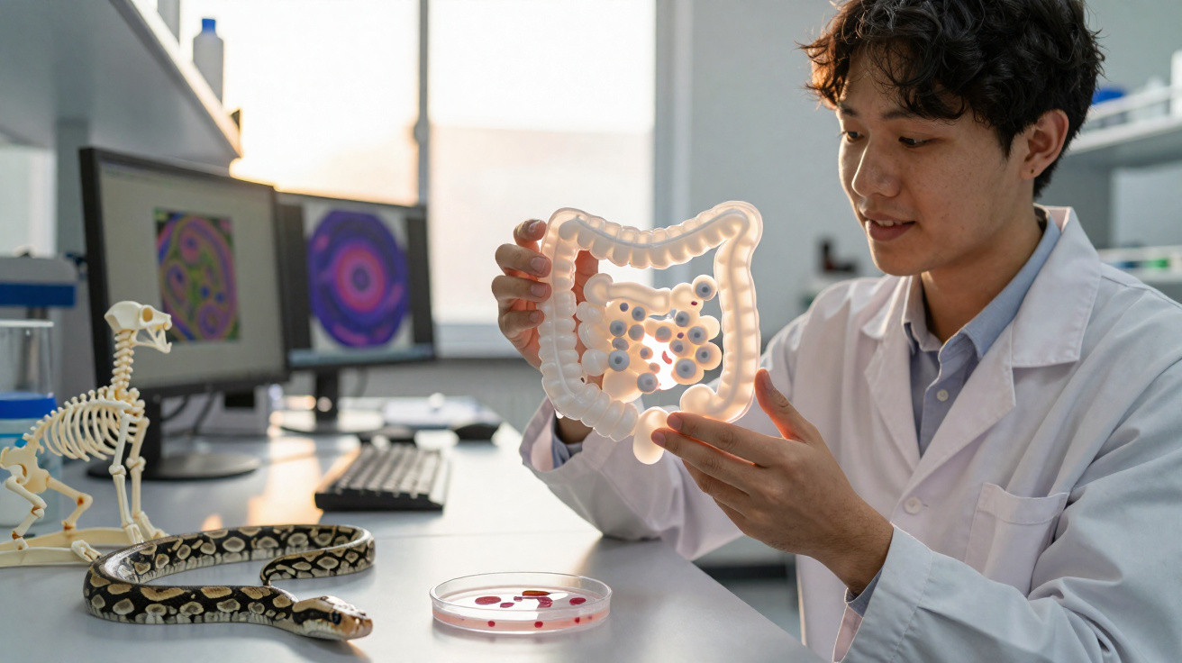 Cientista em laboratório segurando modelo iluminado do intestino grosso, com cobra e esqueleto na mesa.