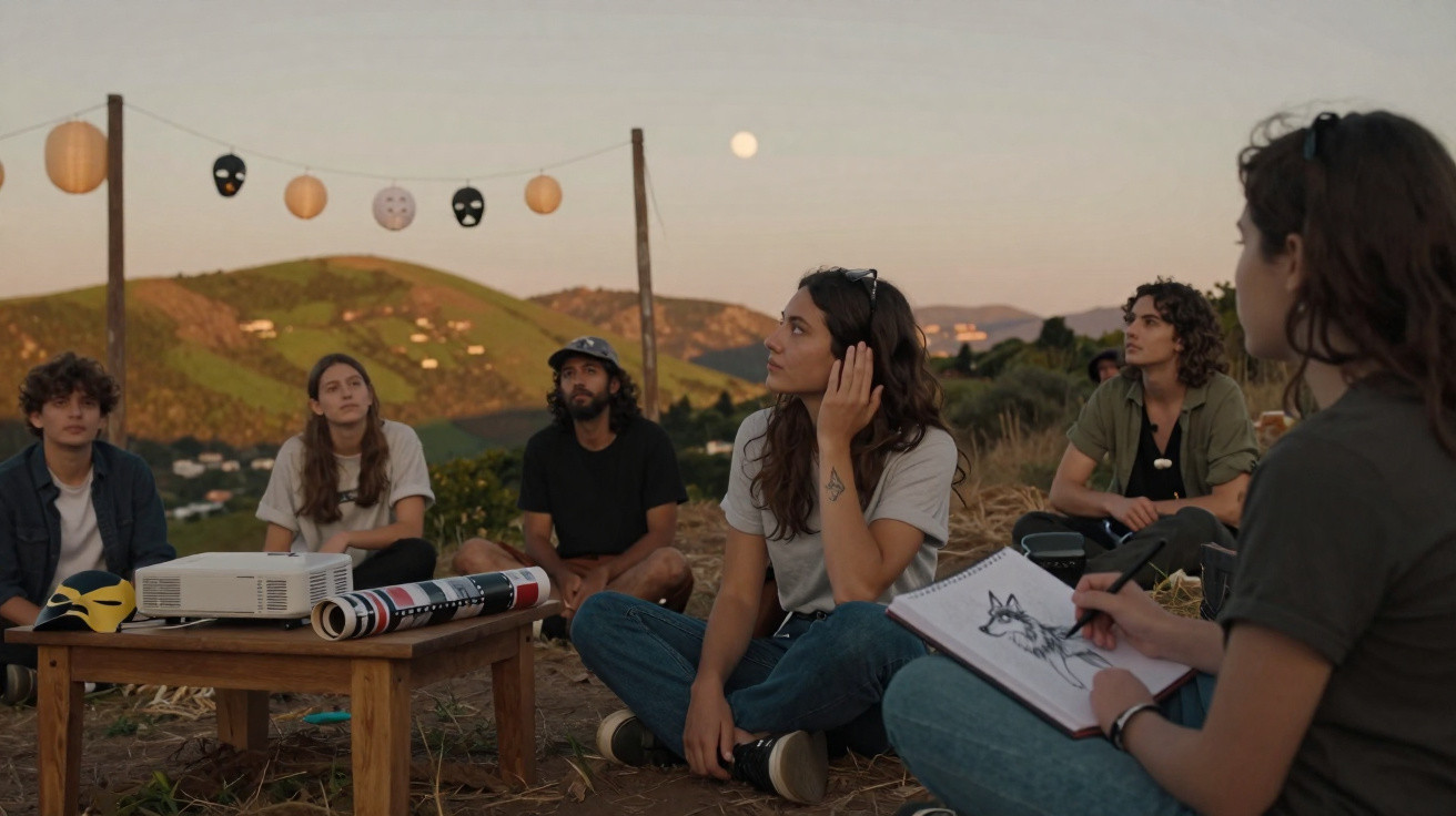 Grupo de jovens sentados ao ar livre durante o pôr do sol, com projetor e máscaras sobre a mesa.