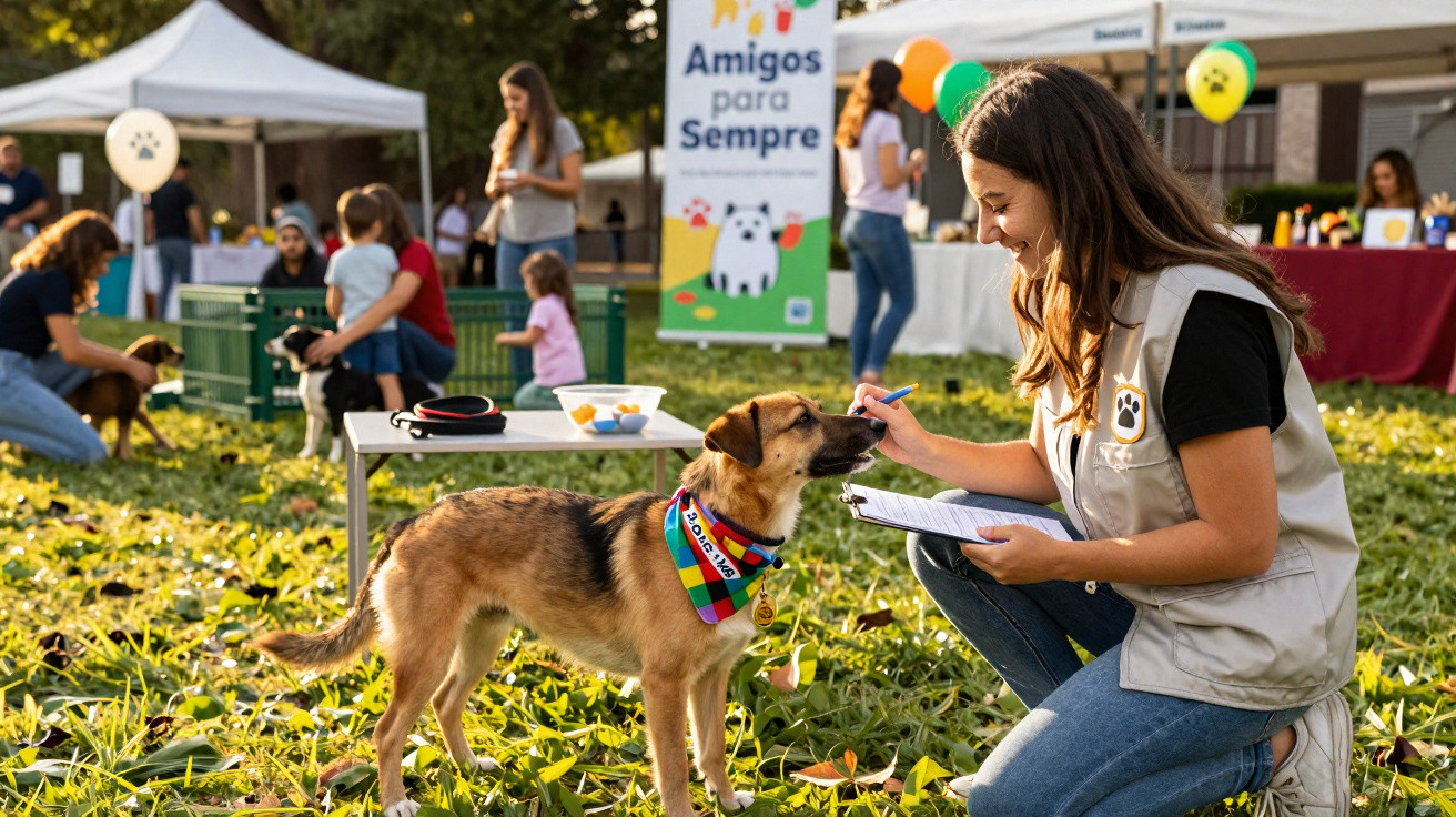 Mulher com colete interage com cão em evento ao ar livre com barracas e pessoas ao fundo.