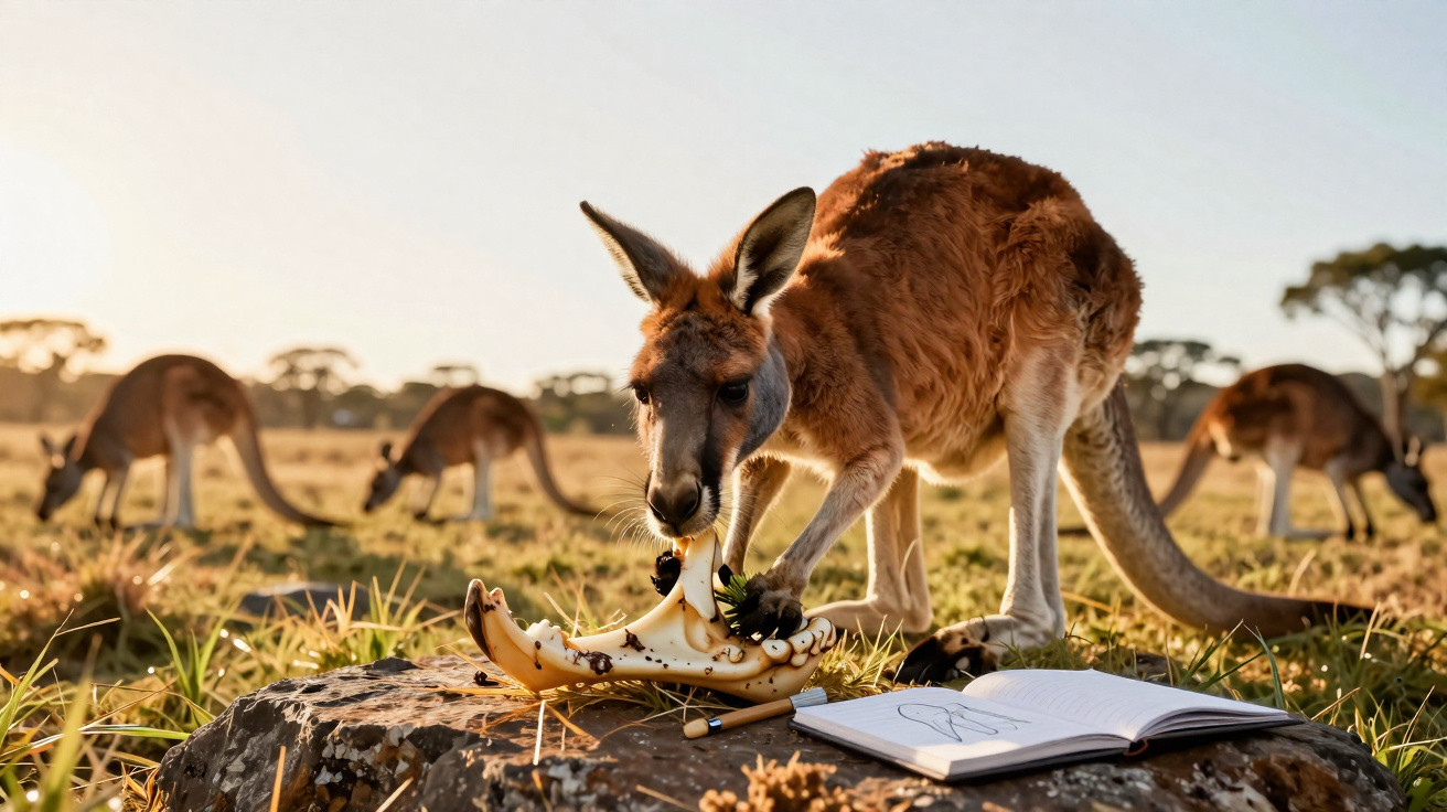 Canguru marrom curioso cheirando concha no campo com caderno e caneta ao lado durante o entardecer.